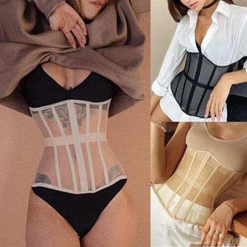 Women Sexy See-Through Mesh Underbust Corset Top Crisscross Lace-Up Bandage Bustier Slimming Waist Belt Cincher Body Shaper Club