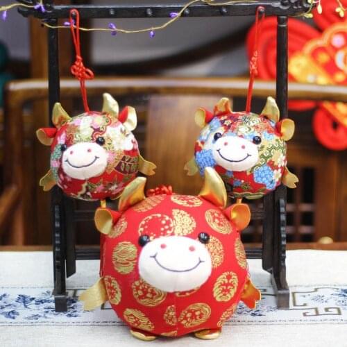 2021 New Year Chinese Zodiac Ox Round Shape Flower Print Cartoon Lucky Cattle Mascot Home Cafe Doll Pendant Gift