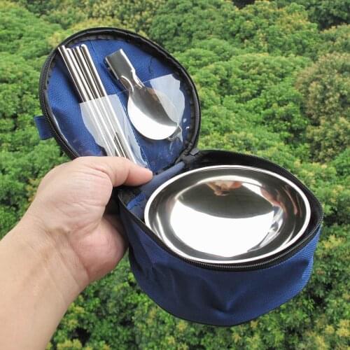 3pcs in a Set Outdoor Tablewares Stainless steel Dinnerware Set Anti-scald Bowl+Spoon+Chopsticks Camping Picnic Tablewares