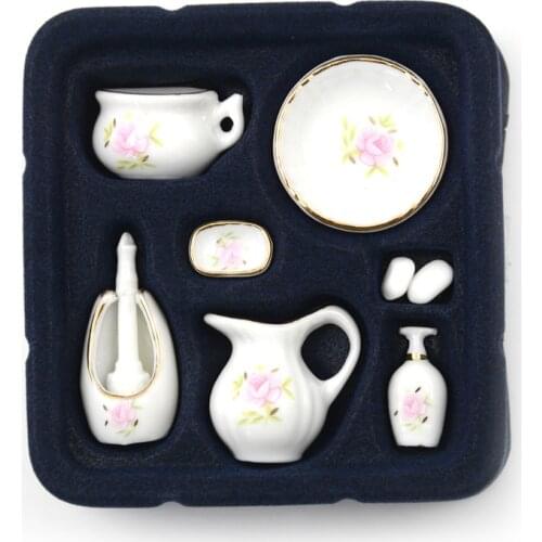 8Pcs/lot 1/12 Miniature Set Floral Ceramic Pastel Rose Dollhouse Bath Decoration Dolls Gift Kits Dollhouse Bathroom Accessories