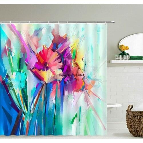 Oil Painting Flowers Scenery Pattern Shower Curtains Waterproof Fabric Bath Screen Decoration Bathroom Printed Shower Curtain