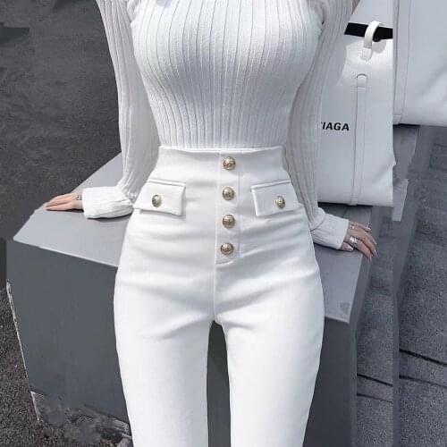 Button Solid Pants Elastic High Waist Skinny Mom Women Korean Style Stretch Denim Pencil Pants Casual Stretch Female Trousers