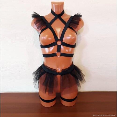 2 Piece Sexy Lingerie Sets Solid Color Mesh Sheer Harness Strappy Hollow Out Elastic Bra and Garters for Women