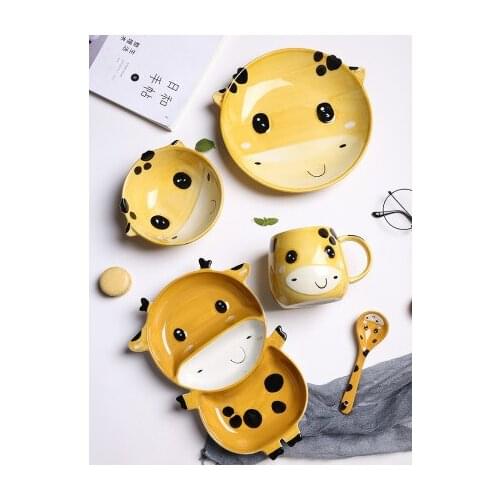 Cute animal Shape Childrens Ceramic Tableware Set Baby Meal Bowl Grid Plate Breakfast Plate 5-piece Set
