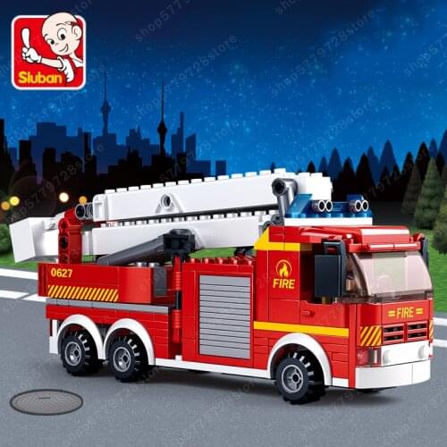 Minifigure City Fire Fighting Elevated Platform Fire Truck Model Building Block Juguetes Bricks Kit Educational Toy for Children