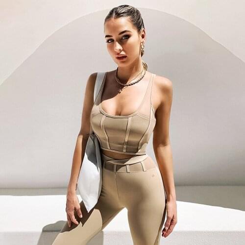 Fashion Mesh Bandage Two Piece Set Sleeveless Patchwork Women Outfits 2021 Summer Khaki Sexy High Waist Pants Streetwear