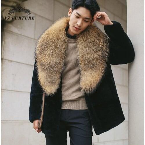 Men Winter Real Fur Coat Luxury New Rex Rabbit Fur Jacket With Big Raccoon Dog Fur Collar Thick Warm Fashion Rabbit Coat FM-028