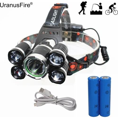 Headlamp 5 LED Headlight T6/Q5 LED Lanterna USB Rechargeable Head Lamp Hunting Fishing Light + 18650 Battery + USB Charging Line