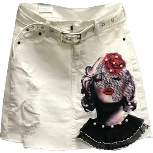 2020 new autumn fashion avatar nail bead a-type skirt ripped denim skirt