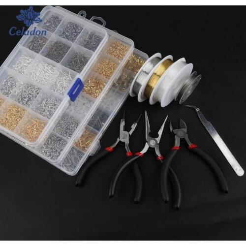 1Box Crimp End Lobster Clasps Jump Rings Flower Caps Eye Pin Earring Hooks Beading Wire Pliers Tweezers Jewelry Making Tools set