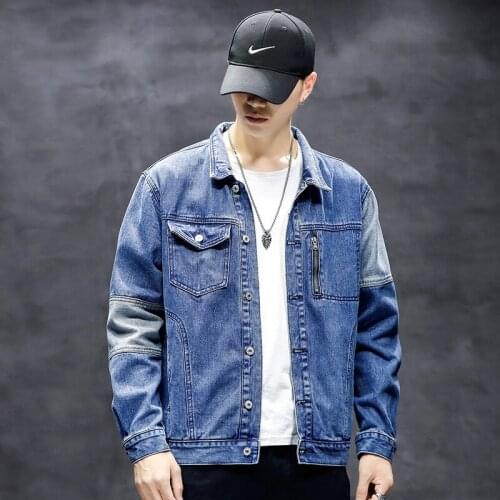 Autumn and winter new fashion splicing jeans mens handsome coat student casual jacket Korean fashion mens wear