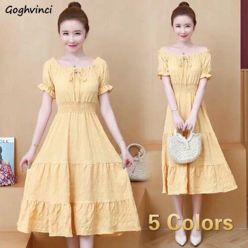 Short Sleeve Dress Women Candy Colors Shoulder-off Ruffles Elastic Womens Elegant Simple Sexy Beauty High Waist Ulzzang Harajuku