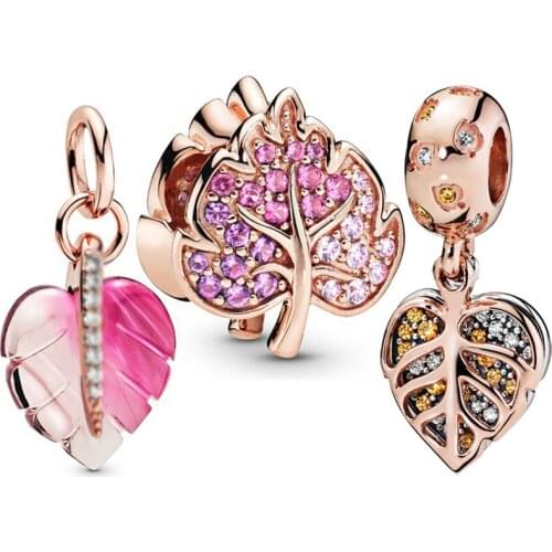 Rose Maple Leaf Pendant Fit Original Pandora Charms Bracelet Women Color Crystal Leaves Beads for Jewelry Making DIY Accessories