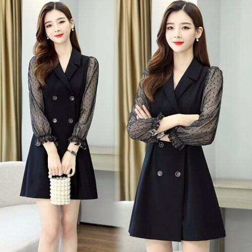 Spring Autumn Black Vintage Sexy Mesh Mini Dress Korean Plus Size Office Lady Dress 2021 New Elegant Women Party Casual Vestidos