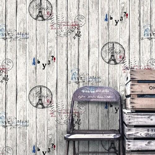 Vintage Letter Eiffel Tower Wood Stripe Waterproof Vinyl 3d Wallpaper Rolls for Background Bar Office 3d Wallcoverings 3colors