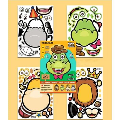 Funny Kids Stickers Make an Lions Dinosaur Giraffe DIY Puzzle Games Animal Sticker Sheets Children Girl Boy Assemble Jigsaw Toys