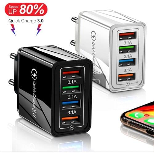 QC 3.0 4 Port USB Charger Quick Charge 3.0 4.0 Fast Charging Adapter For iPhone 12 11 XS XR Xiaomi Samsung Mobile Phone Charger