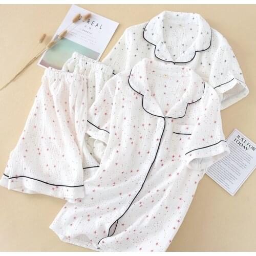 New summer 100% pure cotton washed wrinkled gauze ladies short-sleeved shorts pajamas home set two piece set plus size lingere