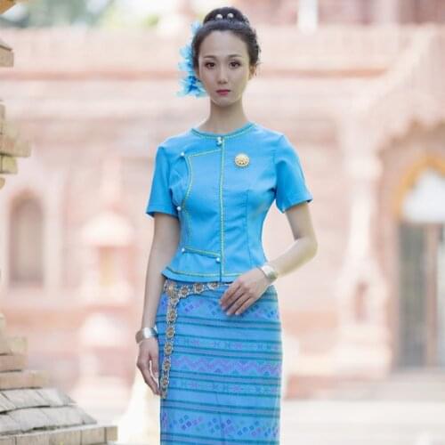 Thailand Traditional Clothing for Women Ahom Shan Dai Custuomes Vintage Summer Short Sleeve Thai Dress Ladies Top Pha Sin