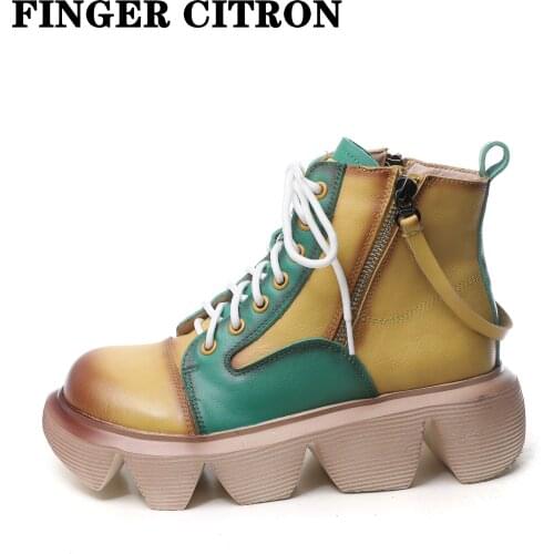 Finger Citron Women Chelsea Anckle Boots Genuine Cow Leather For Autumn And Winter Round Toe PVC Outsole By Handmade Size 35-40