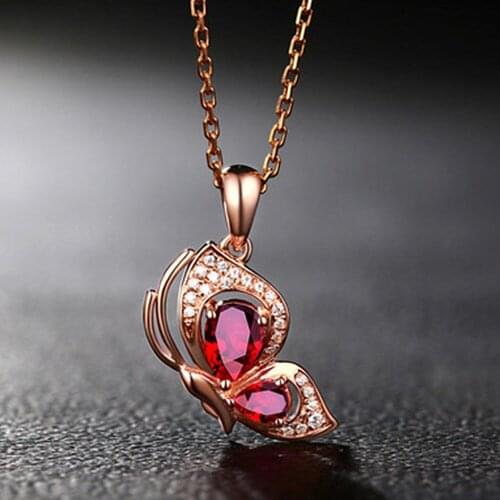 Butterfly Red Crystal Ruby Zircon Diamonds Gemstones Pendant Necklaces for Women Rose Gold Color Choker Jewelry Trendy Accessory