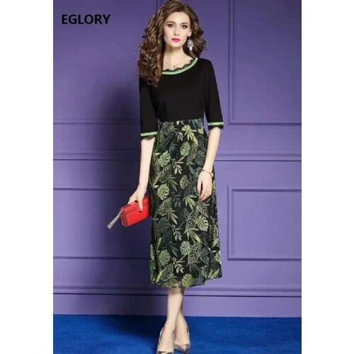 Plus Size Dress 2020 Spring Summer Party Event Women Green Leaves Print Patchwork Half Sleeve Mid-Calf Length Dress High Quality