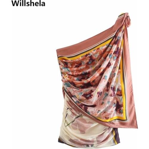 2021 Women Printed Dress Chic Lady Elegant One Shoulder Draped Wrap Mini Short Dress Woman Casual Robe Femme