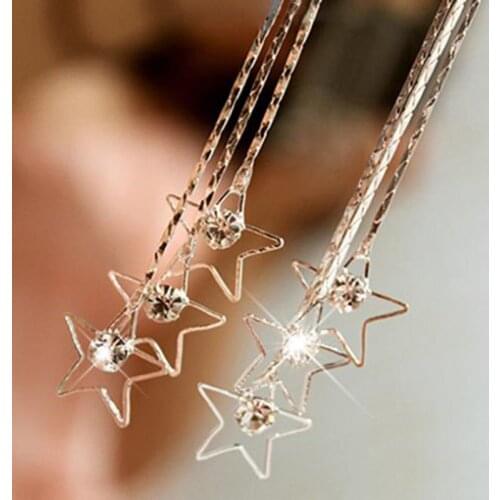 1 Pair Elegant Shining Earings Five-pointed Star Long Statemen Pentacle Earrings Chain Tassels Dangle Earrings