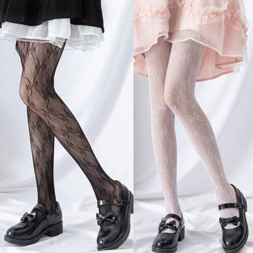 Women Girls Hollow Out Lace Fishnet Pantyhose Sweet Bowknot Patterned Jacquard Stretch Tights Gothic Japanese Lolita Kawaii Mesh
