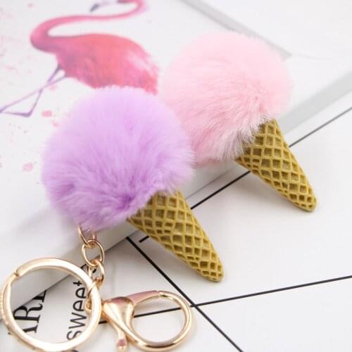Faux Fur Ice Cream Pendant Keychain Cute Cartoon Keychain Plush Furry Bags Hang Cone Car Key Chain Keyring Creative Gift