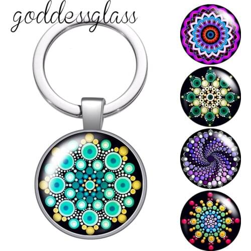 Colorful Dots Patterns Retro Rotated flowers Round glass cabochon keychain Bag Car key chain Ring Holder Charms keychains gift
