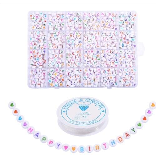 1200 Pieces of 4x7mm White Round Acrylic Letter Beads A-Z Heart-shaped Pattern Beads and Crystal Thread for Jewelry Making
