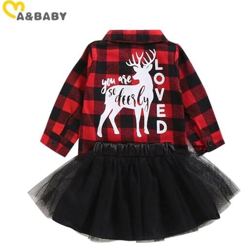 Ma&Baby 3M-4Y Christmas Newborn Toddler Baby Kid Girls Clothes Set Red Plaid Deer Shirts Black Tutu Skirts Xmas Outfits