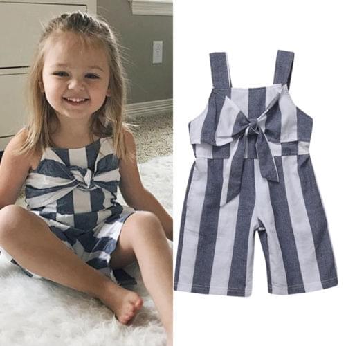 Hot Toddler Kids Baby Girls Sleeveless Casual Bowknot Striped Loose Summer Cotton Overalls Romper Outfits