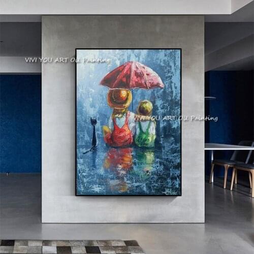 Girls holding umbrellas in the rain 100% Handmade abstract blue Oil painting Modern Oil Painting Home Wall Art Decoration