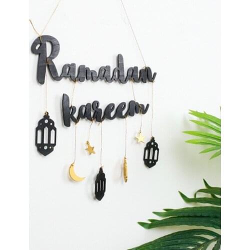 Eid Mubarak Ramadan Kareen Decor Moon Star Alphabet Pendant Wooden Craft Ramadan Home Door Hanging