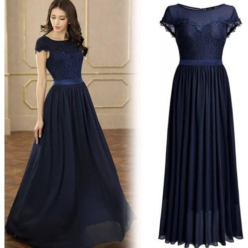 Elegant Long Lace Mother of the Bride Dresses with Sleeve O-Neck Navy Blue Wedding Party Dresses for Women