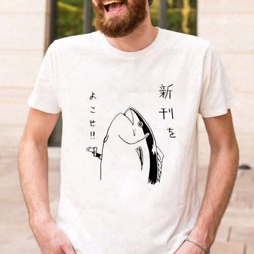 Japanese Fish Hold Up Funny Tshirt Japanse Anime Fish with Gun 100% Cotton Shirt Top Tees