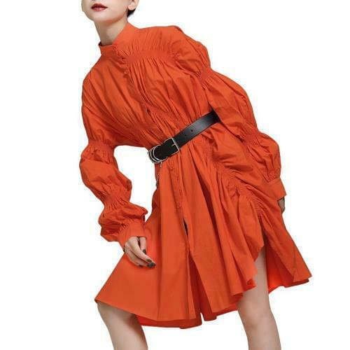 Fashion Womens Shirt Dress Irregular Pleated Loose Blouses Buttons Maxi Dress D
