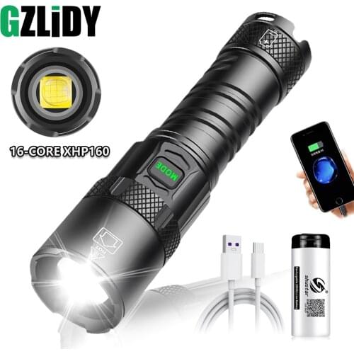 Powerful XHP160 LED Flashlight Waterproof Tactical Torch USB Rechargeable XHP99 18650 Lantern Zoomable 5 Modes Fishing Light