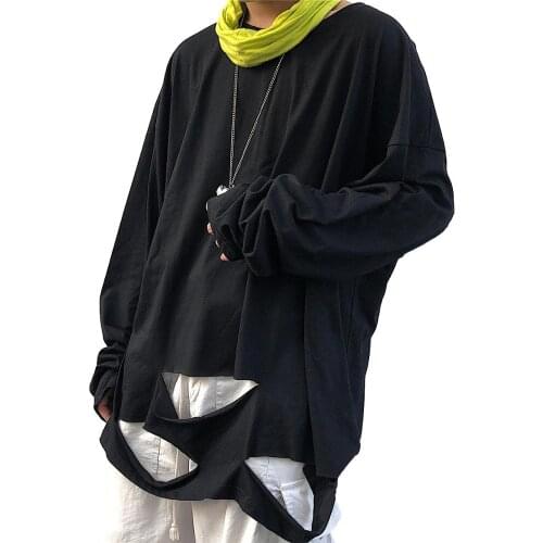 BANNAJI Men`s Street Style T Shirt Hip Hop Loose Fit Ripped Hole Streetwear Cool Tees Tshirt Mens Clothing