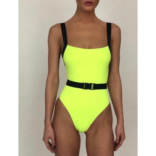 Neon Backless One Piece Suit Buckle Belt Bathing Suit Monokini Bandage High Cut Swimwear Women Bather Push Up 2020 Swimming Suit