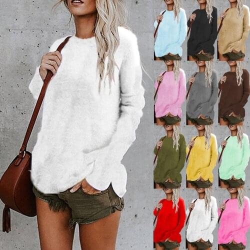 2020 New Autumn Fashion Women Long Sleeve Blouse Mohair Blend Fuzzy Blouse Pullover Jumper Loose Sweater Knitwear