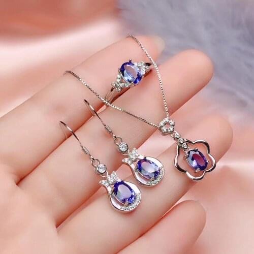 New Design Natural Tanzanite Set 925 Sterling Silver 1 tanzanite pendant, 1 tanzanite ring, 2 tanzanite earrings