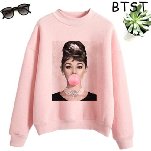Audrey Hepburn Pink Bubble Kpop Clothes Polyester White Sweatshirt Pullovers Women Sweatshirt Japanese Gothic Harajuku Shirt