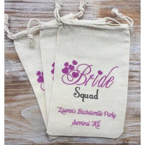 Custom Bride Squad wedding Party first aid Hangover Kit jewelry favor muslin Bags Bachelorette hen bridal shower favors
