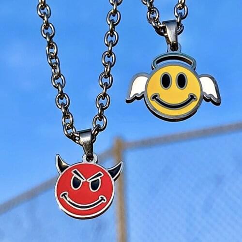 New INS Demon Angel Wings Smiley Necklace for Women Y2K Jewelry Goth Punk Necklace 2000s Fashion Egirl Aesthetic Friends Gifts