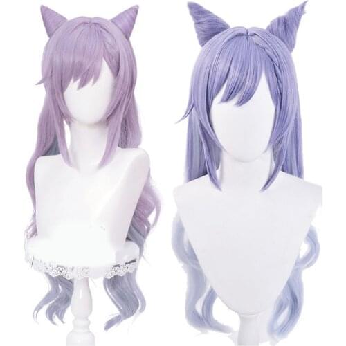 Game Genshin Impact Keqing Cosplay Wig Clip Ponytail Mixed Purple Wig With Ears Heat Resistant Synthetic Hair Wigs + Wig Cap