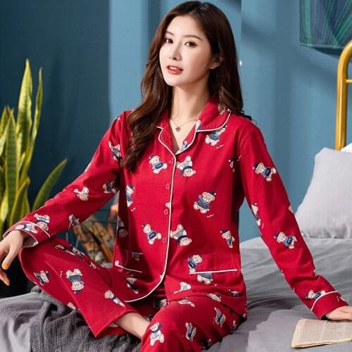 Spring and Autumn Cotton Flower Printed Comfortable Womens Cardigan Pajamas Lapel Long Sleeve Plus Fat Plus Size Homewear Set