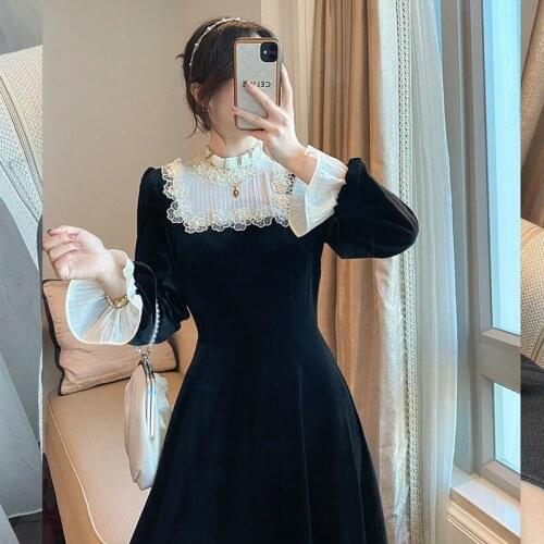 French Retro Black Midi Dress Women Elegant One Piece Dress Korean 2021 Spring SLim Lace Evening Party Velvet Dress Female Cute